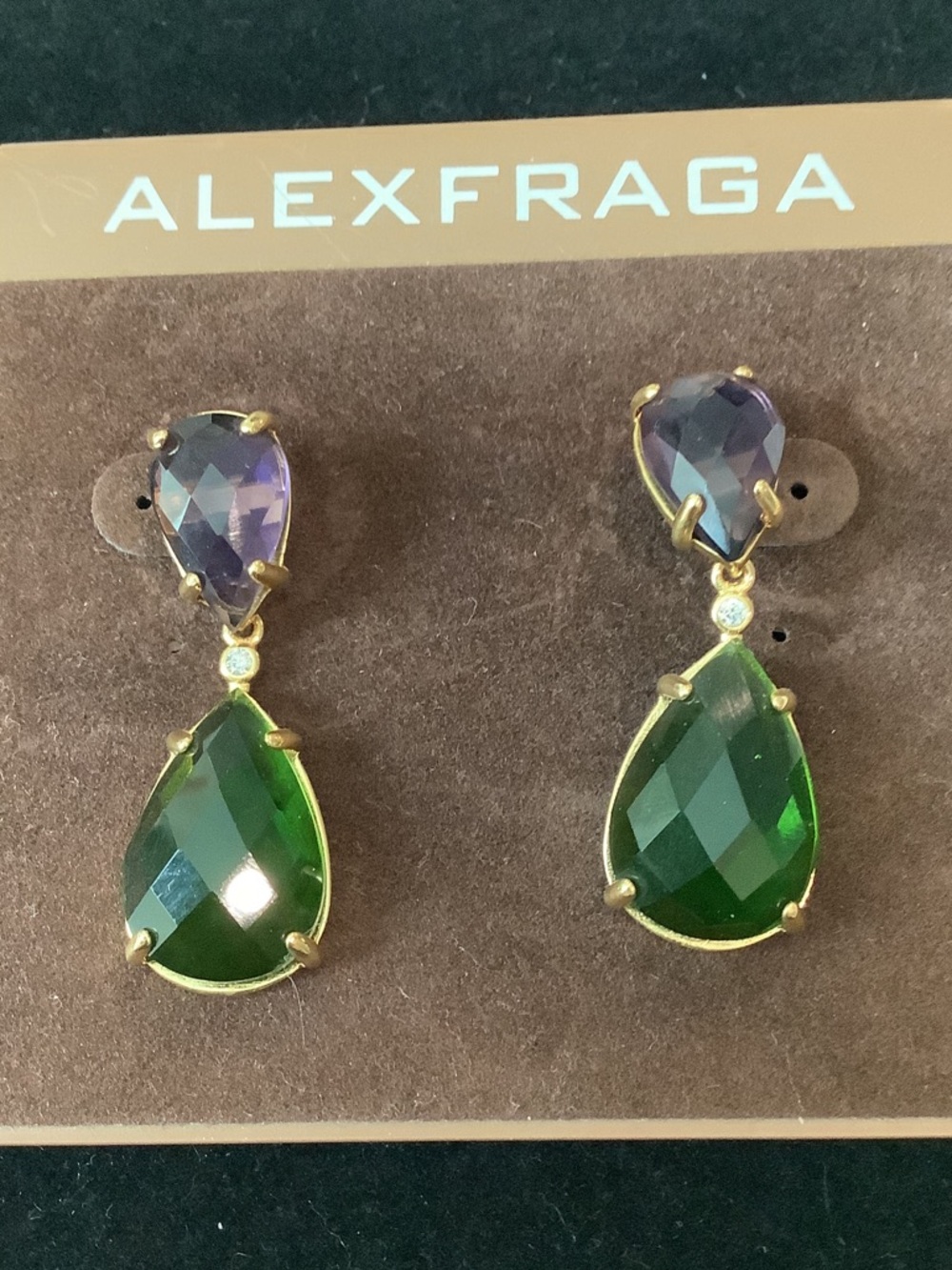 ALEXFRAGA Green and Purple Stud Teardrop Statement Earrings, Brand New